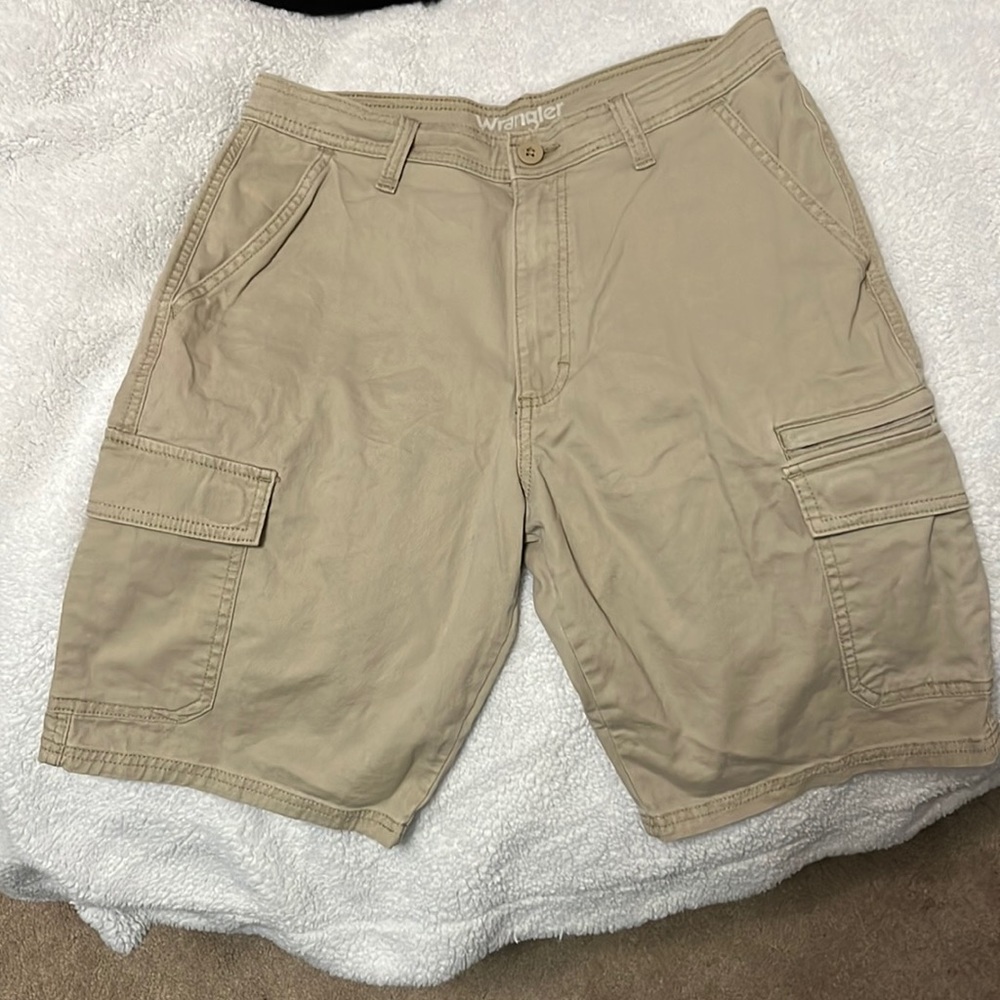 Tan colored cargo shorts with tech pocket. BRAND NEW, NEVER WORN.